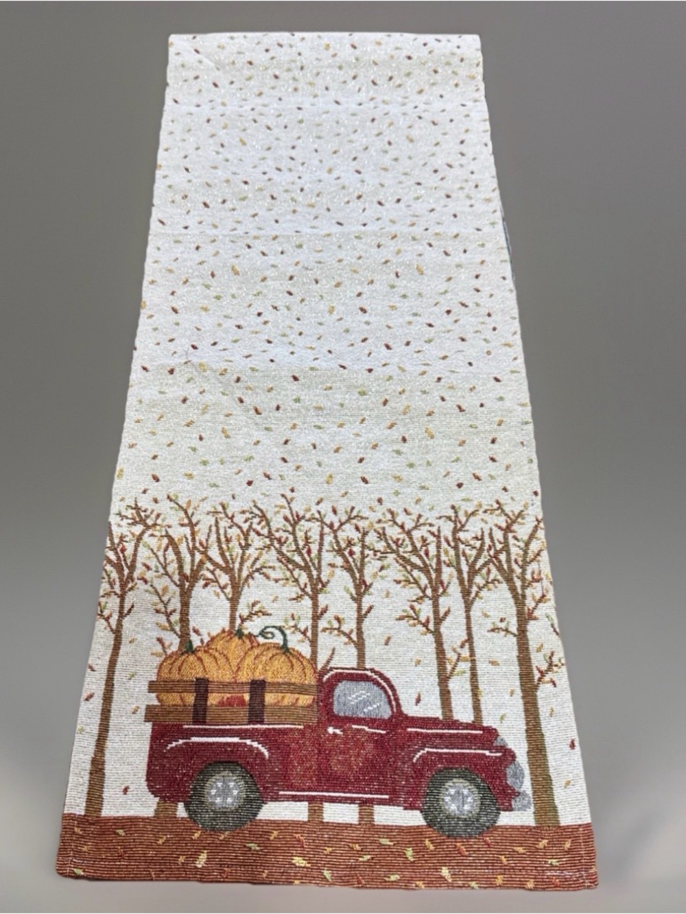 Fall Harvest Table Runner Red Pickup Truck Pumpkins Autumn Leaves 68” Long